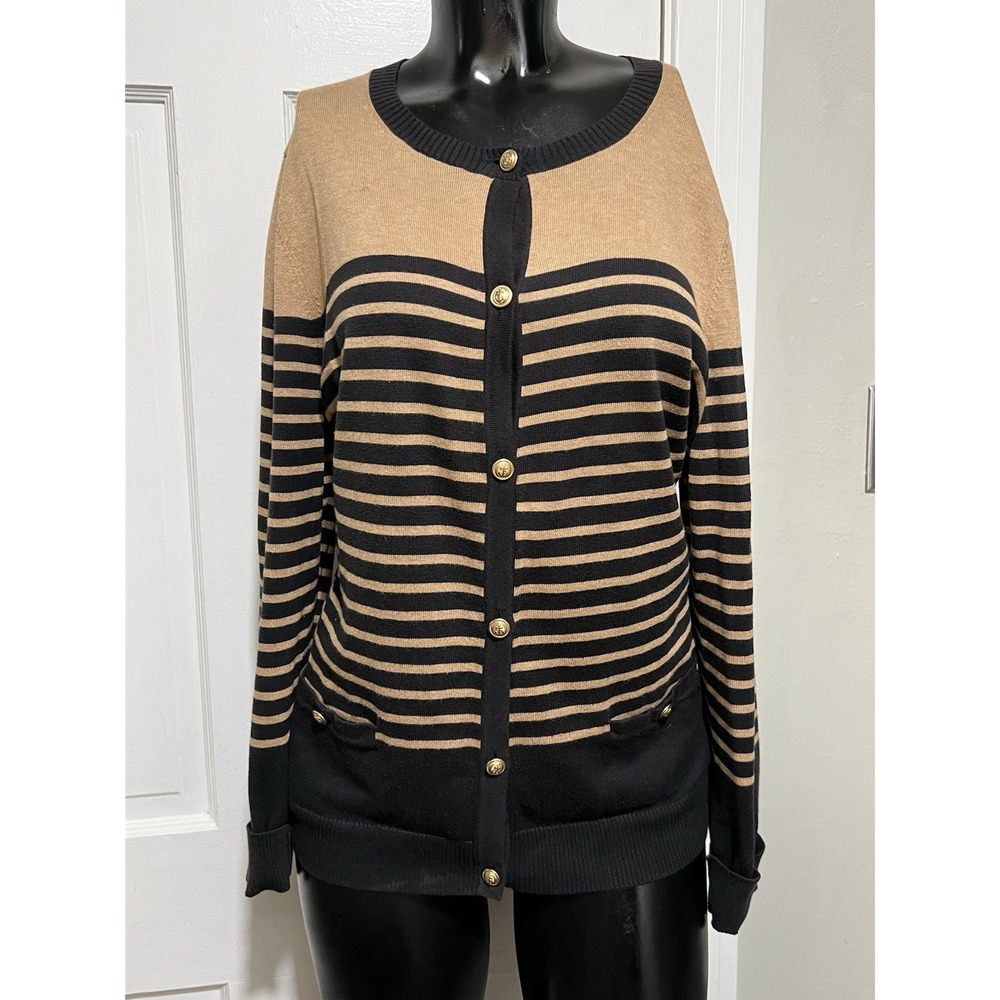Womens Stripe Tan Black Cardigan Sweater Lands End Large 100% Supima Cotton 14